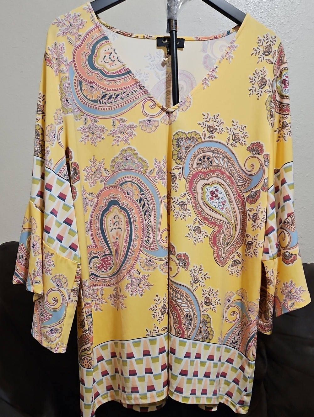 Melissa Paige Yellow Paisley V-Neck Tunic with Multicolor Trim